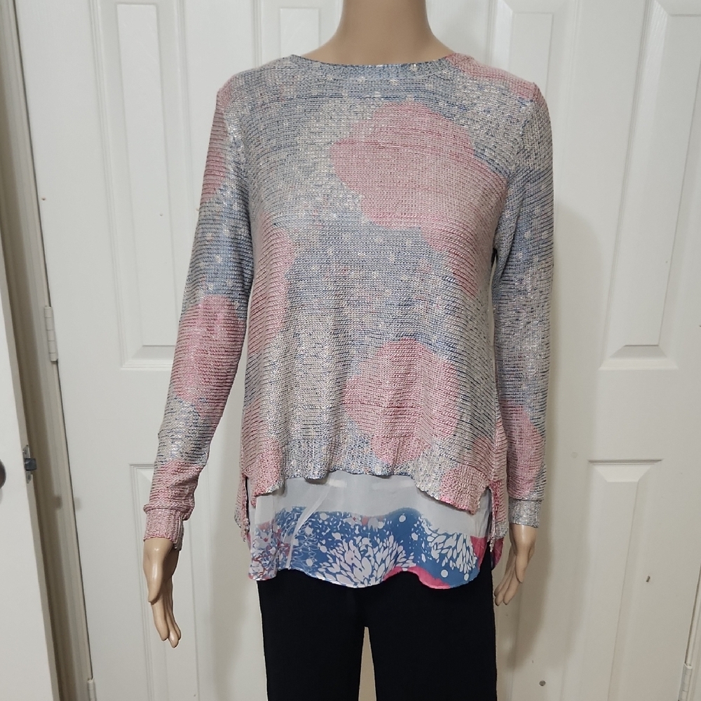 Sioni M Multicolor Knitted Crew Neck Sweater Over Flowy Chiffon